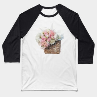 Bunch of pink and white peonies flowers in a wicker basket Baseball T-Shirt